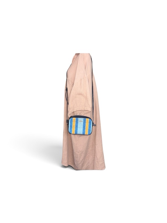 Coach Handbags - Coach mini Camera bag in yellow and blue stripes and a blue wristlet wallet.